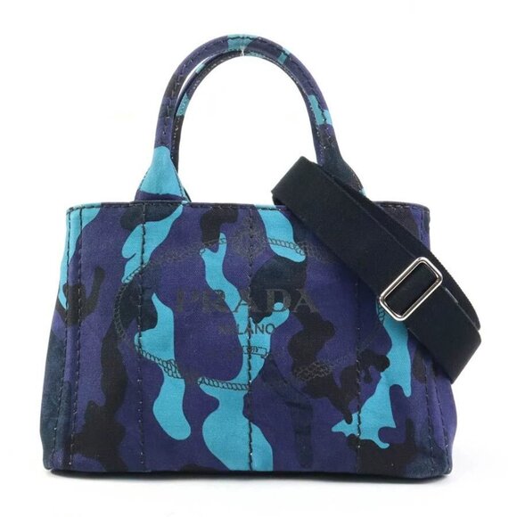 PRADA Canapa Handbag Shoulder Bag Navy/Blue/Black Canvas/Silvertone - Picture 1 of 14